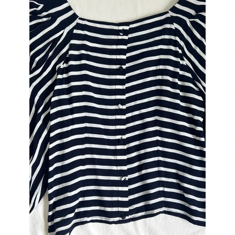 Banana Republic Women Navy White Striped Puff Sleeve Square Neck Button Back Top